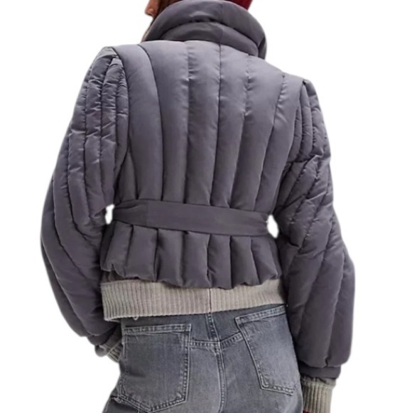 Free People Office Duvet Quilted Puffer Tie Waist Jacket, grey,cropped, NWT - Picture 5 of 10